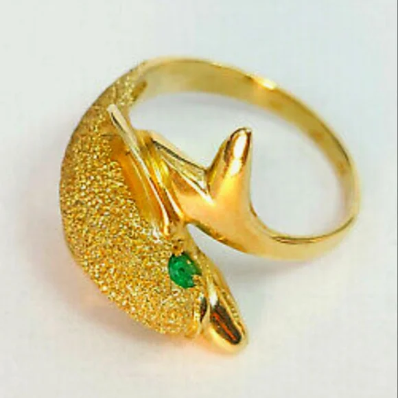 15K 🐬 Dolphin Ring Emerald Eyes 14K PlUMB Such fine Gold 🪙 3.76gms. Size 7 - Picture 7 of 7